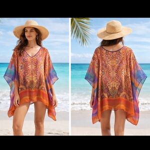 Susan Graver Geometric Multi
Colored Top Sheer V Neck Kimono
Boho Flowy Size 1X